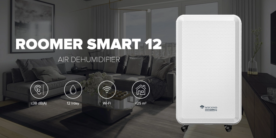 En MyCond kompakt Roomer Smart 12 avfuktare avsedd för inomhusbruk i bostäder.