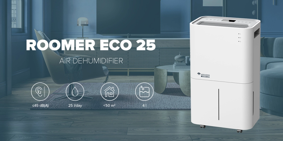 Kompakt MyCond Roomer Eco 25 avfuktare idealisk för hemmabruk.
