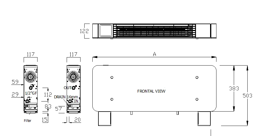 Måttdiagram för MyCond silver glass low series golvstående fläktkonvektorer.