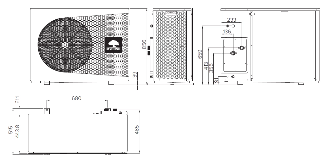 Diagram som visar måtten på den kompakta MyCond BeeThermic monoblockvärmepumpen.