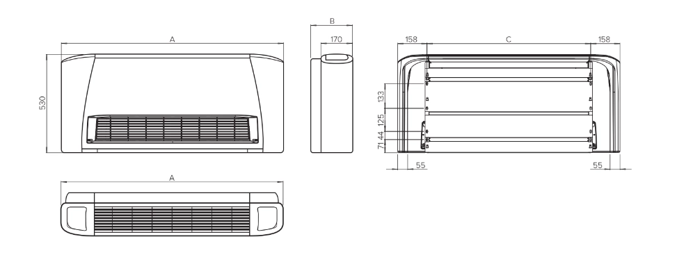 Diagram som visar måtten på fläktkonvektorerna i MyCond SEC/F-serien.