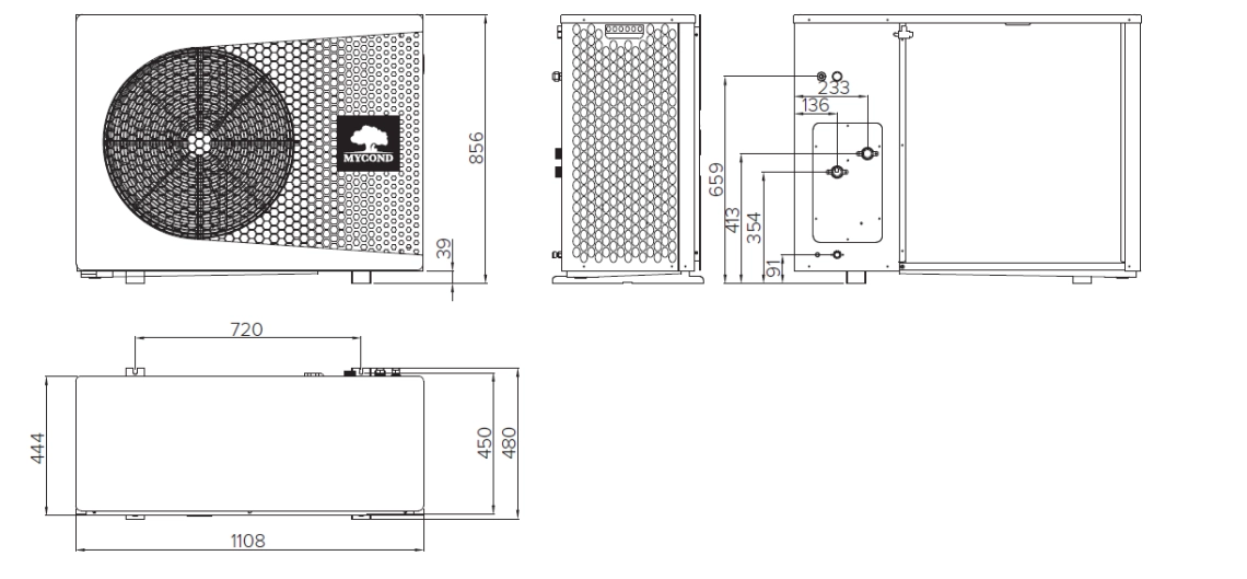 Måttdiagram över MyCond BeeThermic-seriens monoblockvärmepumpar.