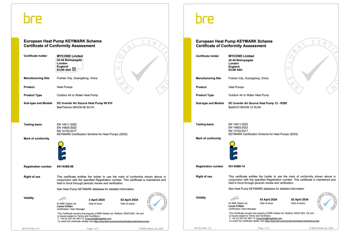 Mycond värmepumpar certifierade av Keymark för effektivitetsefterlevnad.