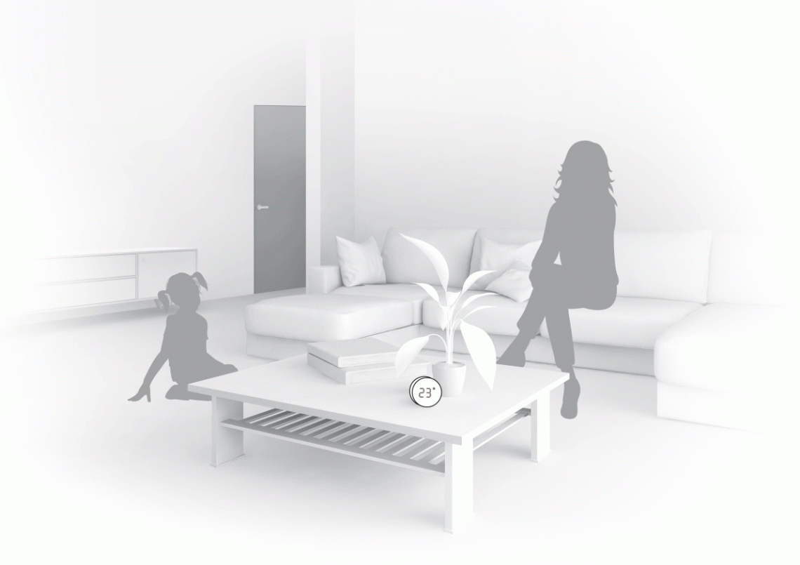 Illustration av MyCond Zigbee temperatur- och luftfuktighetssensor i användning.