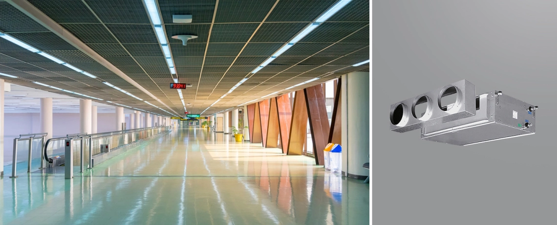 MyCond DFCL En fläktkonvektor med hög ESP-kanal installerad på en flygplats.