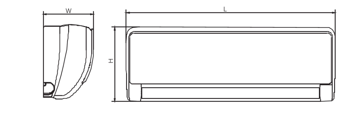MyCond Diagram som visar mått för väggmonterade fläktkonvektorer i MHW-serien.