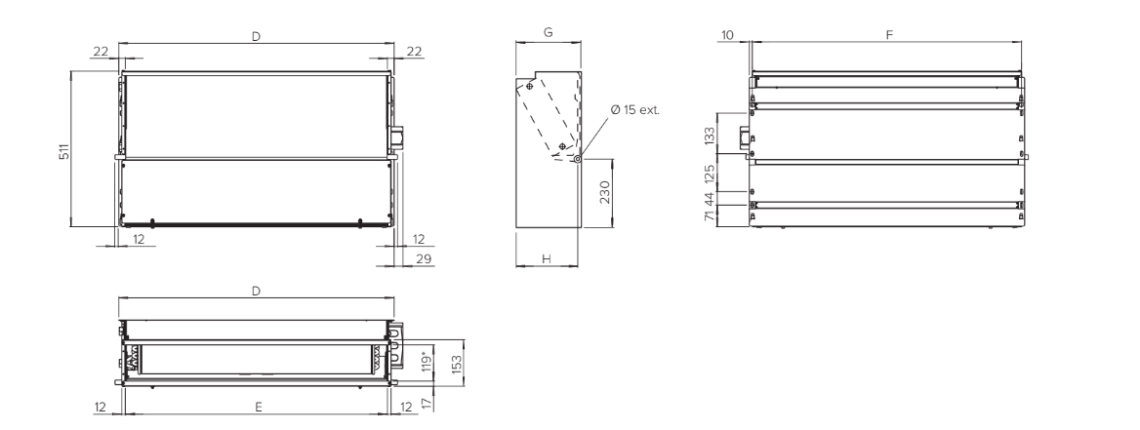 MyCond SEC/F Diagram över fläktkonvektordimensioner för reglering av värme och kyla.