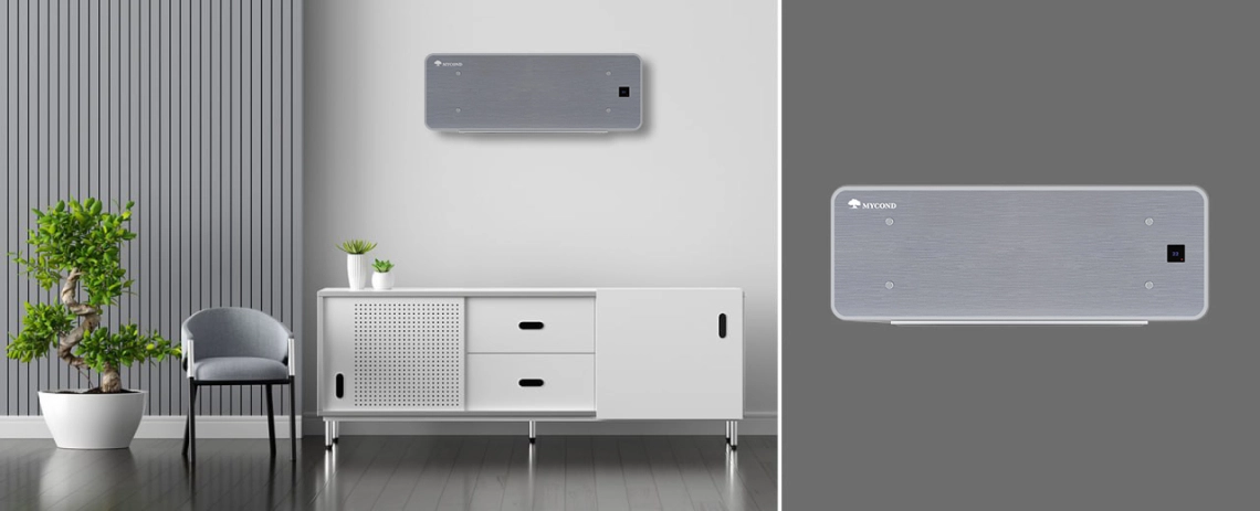 MyCond Silver Glass Wall Ultratunn fläktkonvektor med design i silverglas och intuitiva reglage.