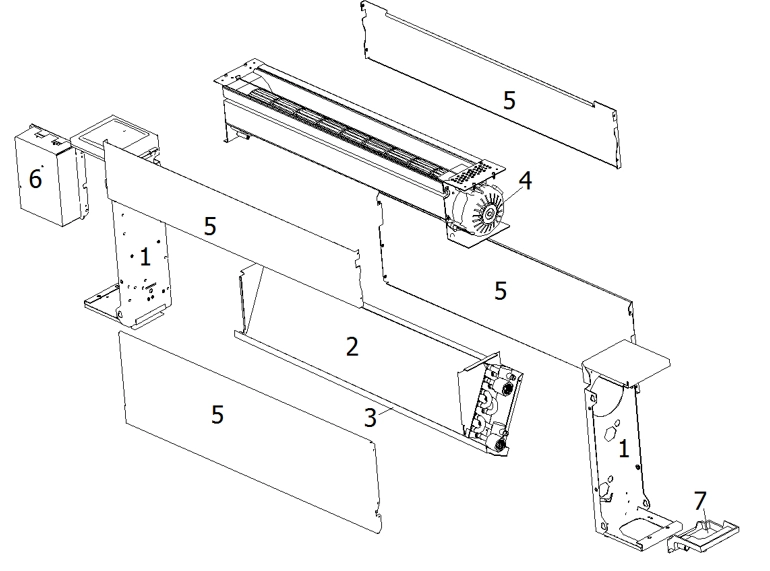 Schematisk bild av en ultratunn golvstående fläktkonvektor från MyCond Silver Glass Low-serien.