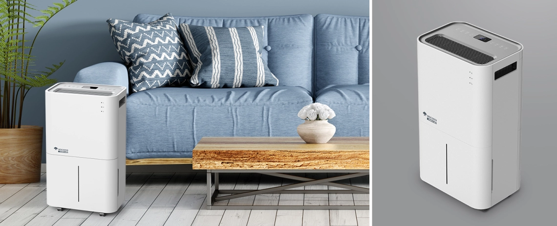 Stilren vit MyCond Roomer Eco 25 avfuktare i aktion.