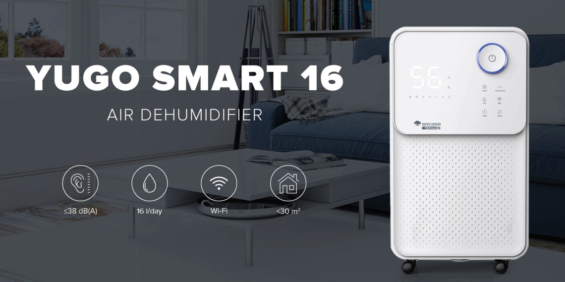 YUGO Smart 16 Kompakt avfuktare med tyst drift och hög effektivitet.